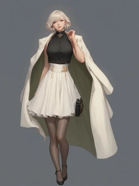  a close up of a woman wearing a white skirt and coat, Conceptual fashion art, dressed in long, flowing clothes , Made with Anime Painter Studio, digital art of an elegant,  full length portrait of a short girl !, , De Girls Frontline, detailed full body c...