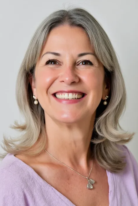 ((RAW Photo) Lady on her 50s  with grey hair loonking directly at the camera, big smile, Studio photography, clear background(((Photographic Perspective of her)))