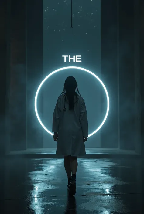 Dark futuristic scene featuring a woman in doctors lab coat , discreet, with a stethoscope draped over his shoulders,  walking directly towards the camera ,  in full body view . A pessoa usa um capacete futurista com um visor espelhado que reflete um porta...