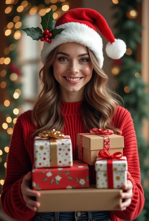 I want a post where ai generated girl is holding gift boxes and she should be wearing a christmas hat and the theme should also be christmas as the post is a christmas post and my business is gift boxes so basically the women should be holding gift boxes 