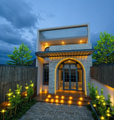 Masterpiece, high quality, best quality, authentic, super detail, outdoors, aiaigroup, house style modern on the street ,mix materials,wood, stairs ,road,pavement, grass, trees, sky, (nightlight:1.1)
