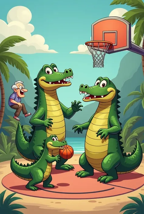 1 petit crocodile, un grand crocodile et un vieux crocodile qui jouent au basket 