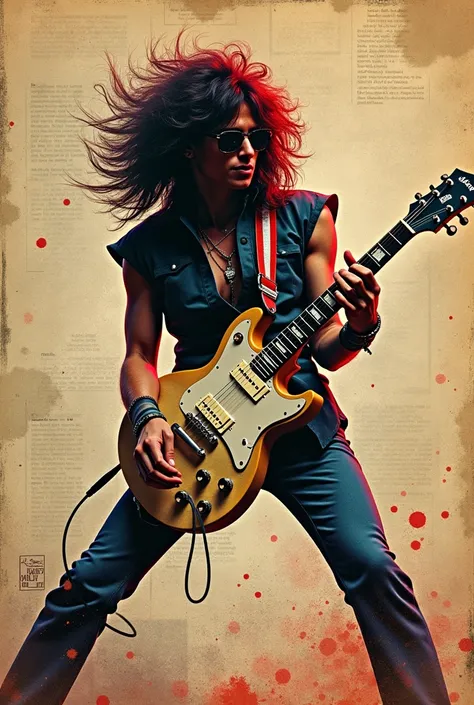 vintage drawing poster, electric guitar player, glam rock, oil-ink, energic, powerful,, music theme, scratch newspaper, brush-sroke,  artistic art, surreal-realism photograph, sharp, 8k