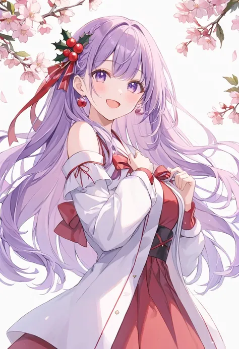 ((pastel))、 one woman,front,  smiles , open your mouth ,Flirty Pose , cute,Mauve Hair, long hair,Inward curls,  woven , purple eyes, Christmas Costumes,Red and white outfit,Im wearing clothes with a cherry blossom mark , ,  simple background, white backgro...