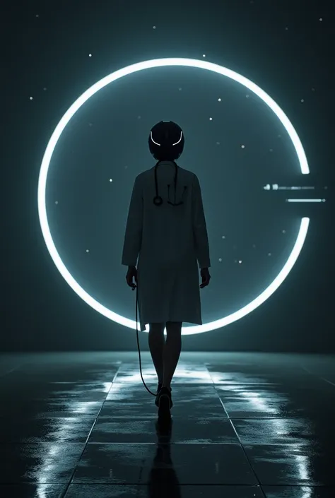 Dark futuristic scene featuring a woman in doctors lab coat , discreet, with a stethoscope draped over his shoulders,  walking directly towards the camera ,  in full body view . A pessoa usa um capacete futurista com um visor espelhado que reflete um porta...