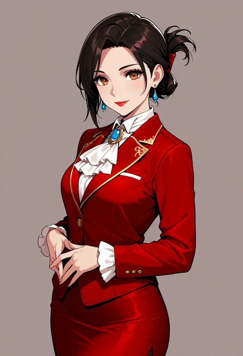 simple background , masterpiece, best quality, 1girl, looking at viewer, ultra detailed, cowboy shot, folded ponytail, short hair, long sleeves,  red jacket, white shirt, earrings,  ascot, brooch, red jacket, red pencil skirt, red lips, smile