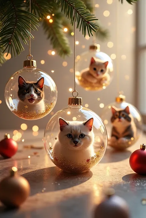 twelve transparent Christmas balls, in which photos with cats and dogs are inserted,  on a New Years background 