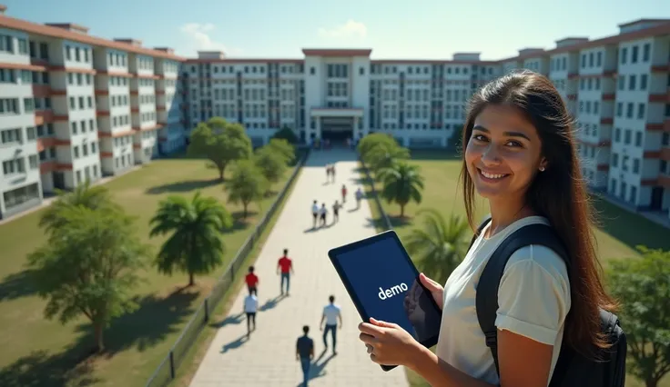 an indian college close drone view, tall multiple building but close on another no gap, some students and teacher walk in the filed , border around, in gate a girl student stand with a big ipad in his hand, he showing something to us, his face towards us a...