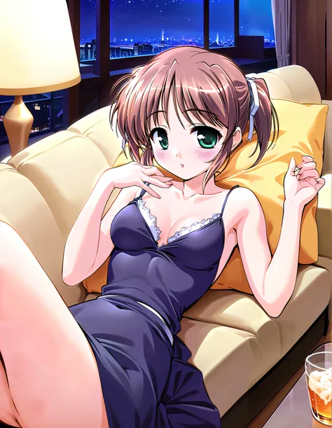 Asagiri Mai, (cowboy shot),  brown hair,  shorthair, Hair ribbon, twintails, Green Eyes, ( small breasts),  cleavage, ( black dress :1.1), (lying on the sofa:1.2), (sleeping), (I drink alcohol and fall asleep:1.1), (Red cheeks:1.2), ( living room), ( hotel...