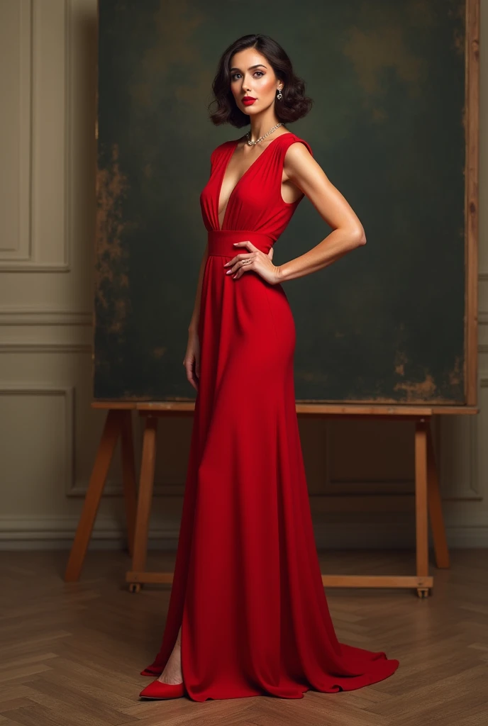  stunningly beautiful European French-looking woman, 42 years old and red lips ,  1940s style ,  dark brown medium length hair, long red high neck dress with red pumps ,  narrow face ,  oval face, dark eyes, Background a studio canvas 