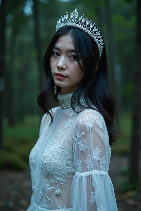 Create a 25-years-old beautiful white skin girl, like moon, her black blowing medium hair wearing white diamond crown, Pakistani white full Dimond jewelry dress, she standing Cyan background on forest in the night time rainy season, photo cinematic ultra h...