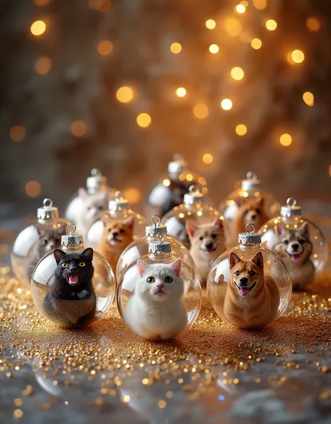 twelve transparent Christmas balls,  into which photos with cats and dogs are inserted,  lie on a New Years background 