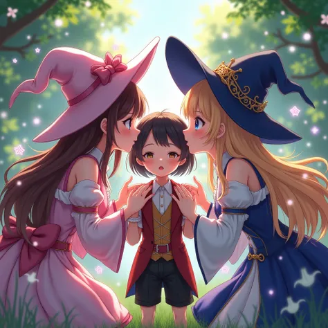 (masterpiece,  High Quality ,anime,8K wallpaper),( 4 magical girl outfits seduce 1 young small aristocrat boy :80.0),( 4 magical girl outfits are 1 young and small Kissing an aristocrat boy on the cheek {x} 4 magical girl outfits surround and are in close ...