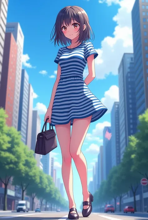 Blue White Striped Horizontal Mini Dress Beautiful Girl Anime City Shoe Handbag Full Body Medium Length Hair