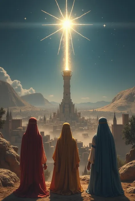 In the sky the radiant star of Bethlehem that guided the wise men.  A medieval city , with a building and in the center in the shape of a torch burning in the middle a giant structure with a medieval aspect, realistic.  Two different princesses women siste...