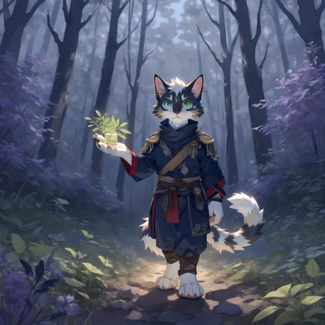 A sleek black cat with white paws and a fluffy white ruff, piercing green eyes, a visible tear on its left ear, wearing a purple medicine cats herb pouch, standing in a forest, Warrior Cats style.
A wise, calm black cat with white markings, green eyes, and...