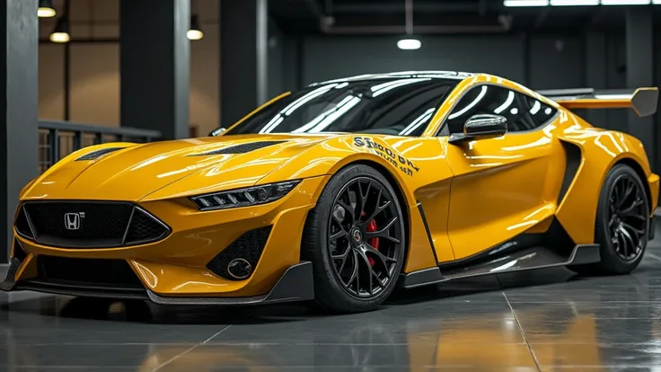 A luxury sports car in bright yellow color with a polished, shiny surface. The cars front displays the name S2000 and features the Honda logo prominently. The background is a sleek, modern indoor showroom with glossy flooring and ambient lighting. The car ...