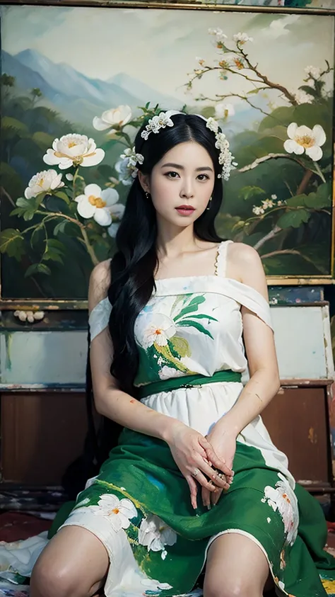 (Oil painting: 1.5),



A woman with long black hair and white flowers in her hair sits in front of a Chinese landscape painting, green dress (Amy Saul: 0.248), (Stanley Ateg Liu: 0.106), (a detailed painting: 0.353), (Gothic art: 0.106)