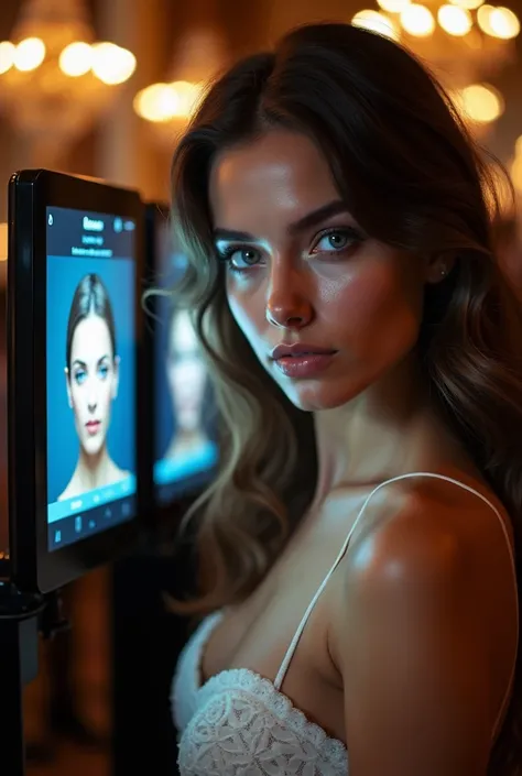 Facial recognition device at the entrance of an event ,  with a beautiful blue-eyed brunette woman being recognized by the equipment.  Woman with her face in front of facial recognition equipment . Person&#39;s face appearing on device.
