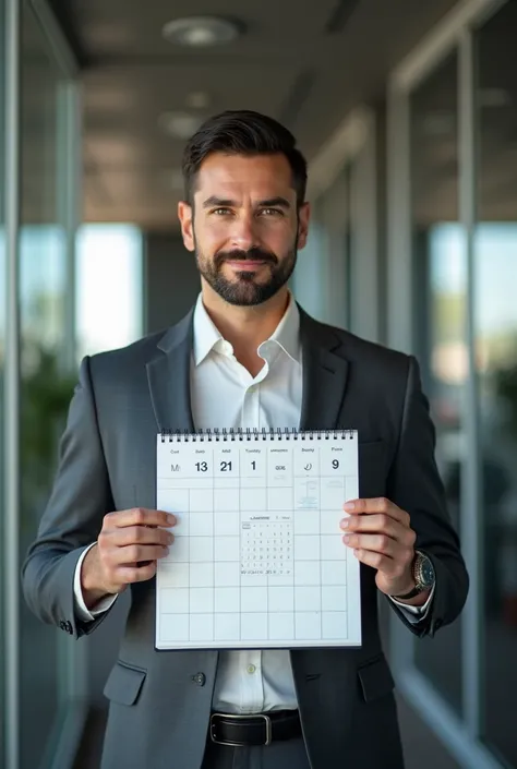 image trés realiste d un homme 30ans qui tient un calendrier de 36 jours 