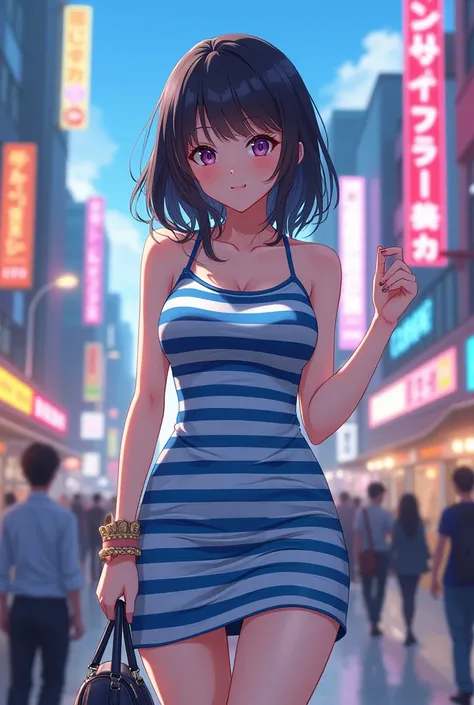 Blue White Striped Horizontal Clingy Mini Dress Beautiful Girl Anime City Shoe Handbag Full Body Medium Length Hair