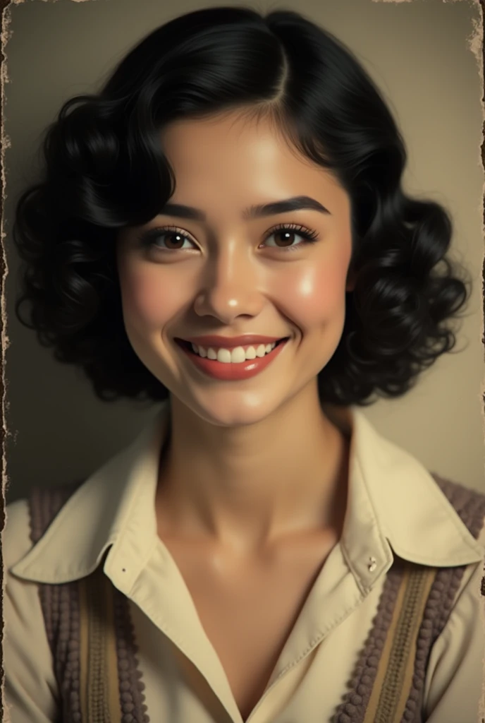 close-up, head-and-shoulders portrait, centered composition, a young woman, slim build, with curly black hair framing her face, and a bright, infectious smile that conveys warmth and optimism, inspired by classic Hollywood actresses like Audrey Hepburn for...