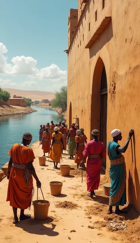 A vibrant scene of locals near the Niger River, collecting mud and mixing it with water in large containers. Show villagers carrying the clay paste in buckets and applying it to the walls of the Great Mosque of Djenné with wooden tools. Include people of a...