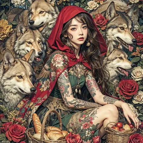  Realistic Photo 、  Realistic Skin Textures 、Realistic Textures 、 young woman、 long hair、Little Red Riding Hood Costume、Tattoo、 sitting surrounded by lots of wolves、Basket with bread and wine 、Precision in the details、Wabi-sabi、 Flower Bird Wind Moon