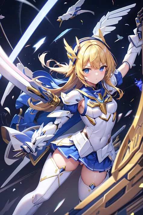 Rin々Funny face、mecha wing、Thighs、tights、chest、 shiny blond hair、 1 girl、 solo girl、 headset 、mecha girl、White Armor、 light blue mini skirt 、 holding a sword 、sword、priestess