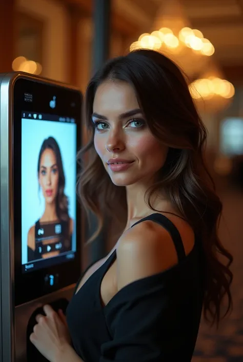 Facial recognition device at the entrance of an event ,  with a beautiful blue-eyed brunette woman being recognized by the equipment.  Woman with her face in front of facial recognition equipment . Person&#39;s face appearing on device.
