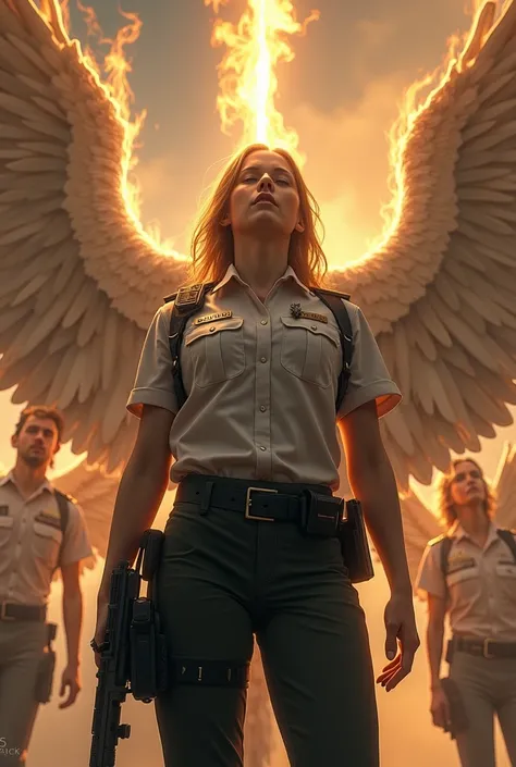 A Uniformed and Armed Female Security, praying to God,  in the background and beside heavenly angels wearing glorious clothes and with flaming swords providing protection.