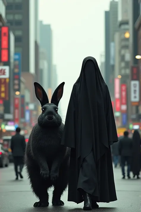 Woman dressed in black sharia walks with a giant black rabbit in the middle of the city