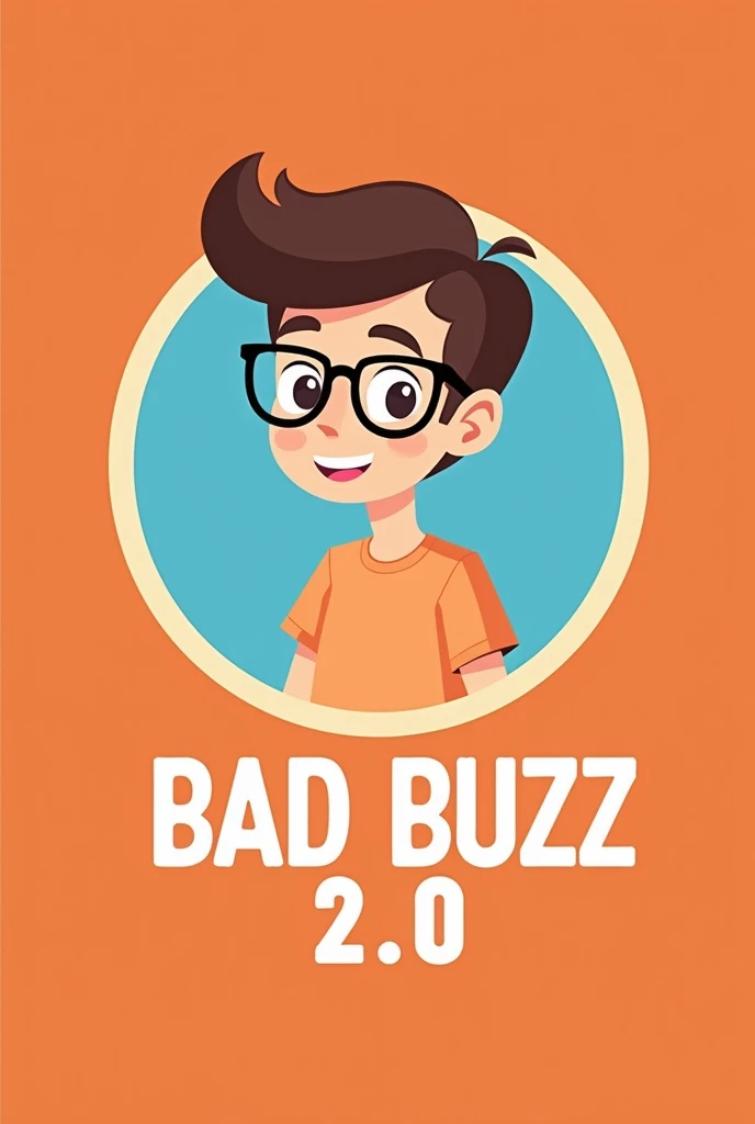 A cartoon-style logo featuring a young man, centered in a light-blue circle, He wears glasses and has a cheerful expression. Hes wearing a light orange/peach colored t-shirt. in profile view, facing the viewer.  The text "BAD BUZZ" and "2.0" is written in ...