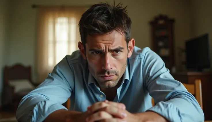 A close-up of a 35-year-old man named Carlos, with a square face showing tension and deep brown eyes that flicker with uncertainty. His short, dark brown hair is slightly tousled, and a faint stubble lines his jaw. He wears a light blue shirt with sleeves ...