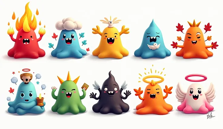 "A vibrant, cartoon-style digital illustration depicting nine characters of different colors in the shape of animated slimes or blobs. Each character expresses unique emotions or concepts: a red one with flames and an angry expression; a calm blue one with...