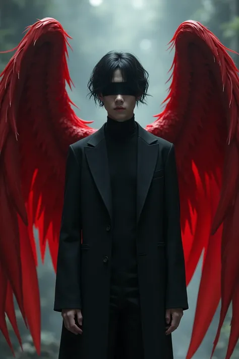 Beautiful boy with black hair, blindfolded eyes, black clothes and red wings 