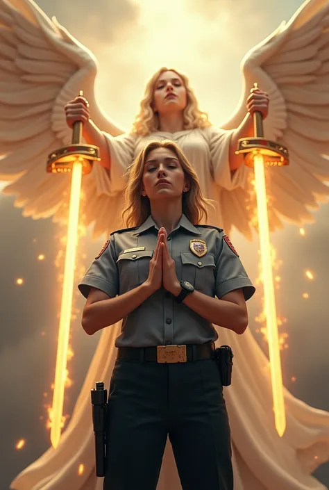 A female security guard in uniform and armed , praying to God,  in the background and on the side heavenly angels wearing glorious clothes and with flaming swords providing protection.