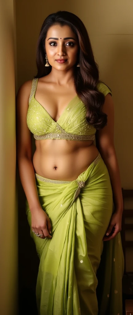 Front pose,indian milf, 35 year old,(masterpiece, best quality:1.2), 1girl, solo body photo,(( tall fleshy body)),mallu body, (showing her navel), indian item song dress, breasts,cleavage, sexy long waist, brown hair, cleavage, large breasts, lips, lipstic...