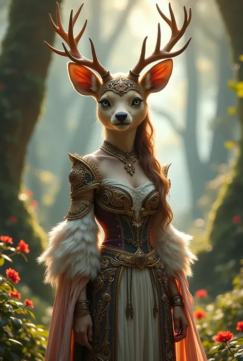 An anthropomorphic female doe, iridescent eyes, furry body, elaborate noble antique forest outfit, dynamic pose, complex fantasy character, in a bright forest city, cinematic lighting, fantasy, magic, detailed background, best quality, HDR, 8k, photorealis...