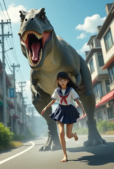 Japanese high school girl wearing a seifuku barefoot running from a T-Rex 