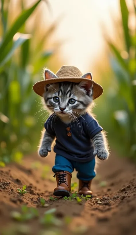 cute grey  kitten wearing boots,dark blue t shirt,blue pant and hat, picking corn at field corn , he bends down and puts the corn in a big basket,cinematography,ultra hd,surealistis,close up,8k,golden time, wide shot.