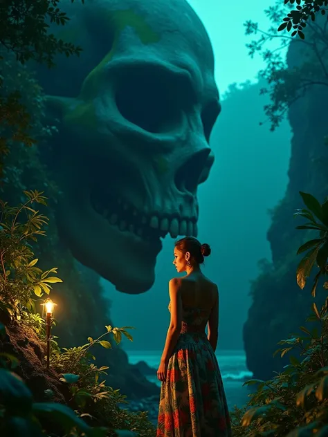 (Masterpiece, photorealistic. Professional photographer studio shot) Vibrant jungle art. In tortuga pirates island, a gigantic horrific cliff with a skull-like shape  covered with moss and vegetation. BREAK in front of the cave, looking so small, A 44dd ro...