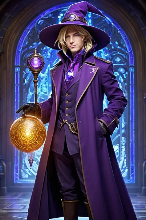 Wizardmon appears as a mysterious, enigmatic figure with shoulder-length blond hair hidden beneath a wide-brimmed purple hat. His deep-set, storm-gray eyes give him a mystical air, and his pale complexion contrasts with his dark attire. He wears a long pur...