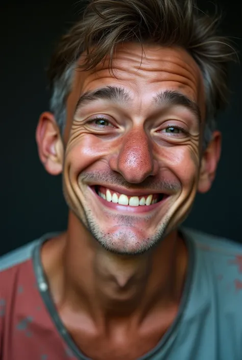 Create a realistic macro photo image of a very ugly man with a poor nose and a smiling face he looks at the person who sees the image he wears an old red and blue dress shirt he is 25 years old and very ugly