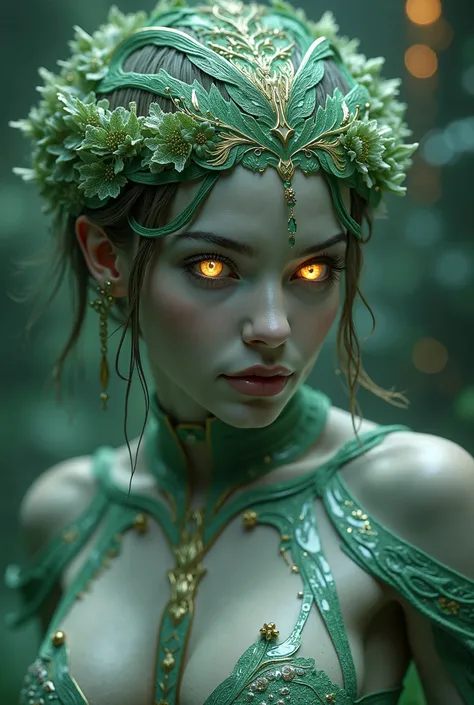 The goddess, Fortuna bioluminescence laurel wreath, glowing eyes, head to breast, silicone cybernetics. High Resolution, Masterpiece, Award Winning, Best Quality, High Details, High Quality, UHD, Optical Illusion, Impressionism, Art Deco, Cinematic, Cinema...