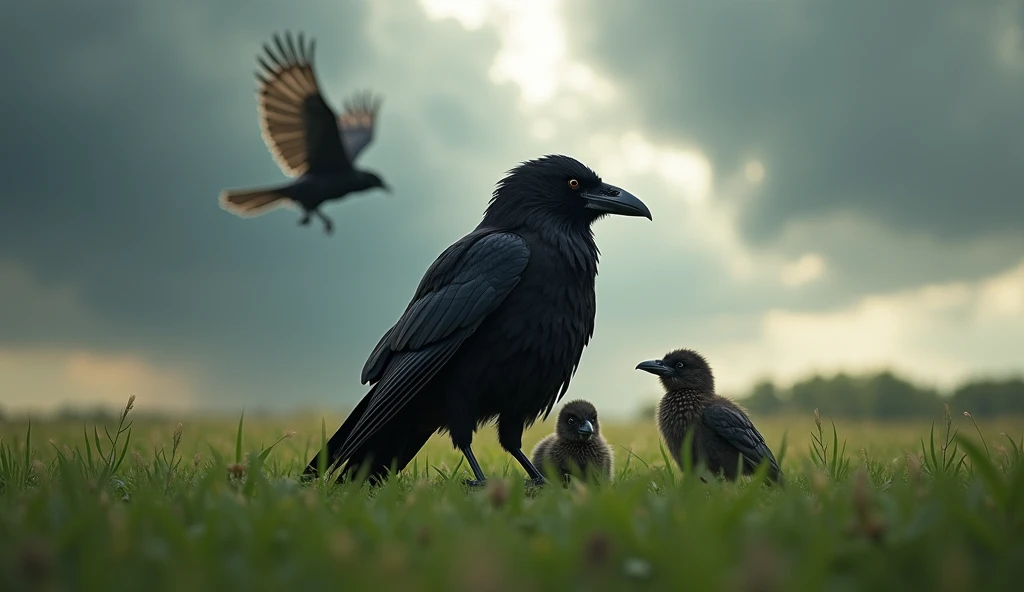 A mother crow protecting her baby birds from a hawk, standing tall and strong in the open field. Hyper-realistic, ultra HD, dramatic sky and lighting --ar 9:16 --no noise --upbeta

