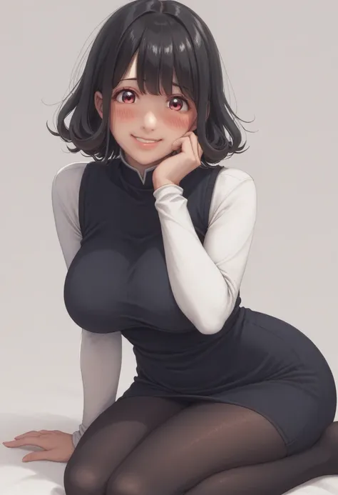 score_9, score_8_up, score_7_up, (( best quality)) 、(Beautiful face) 、shiny skin　、Big Breasts　、Black Hair　、(lips) 、 , Bob Hair 　、one length hair、(tareme:1.3) ,v-shaped eyebrows,black tights,sakimistyle,(恥ずかしい顔) , (evil smile, shy)