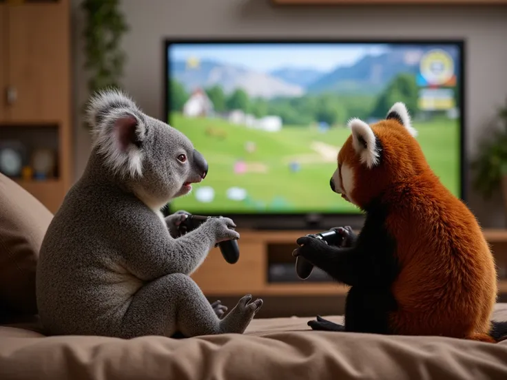 wild animals that act like humans、In the living room with a big TV、Side shot、 koalas and red pandas sit facing the TV with game controllers in their hands、Hold a game controller in your hand　 koalas and red pandas playing on 、