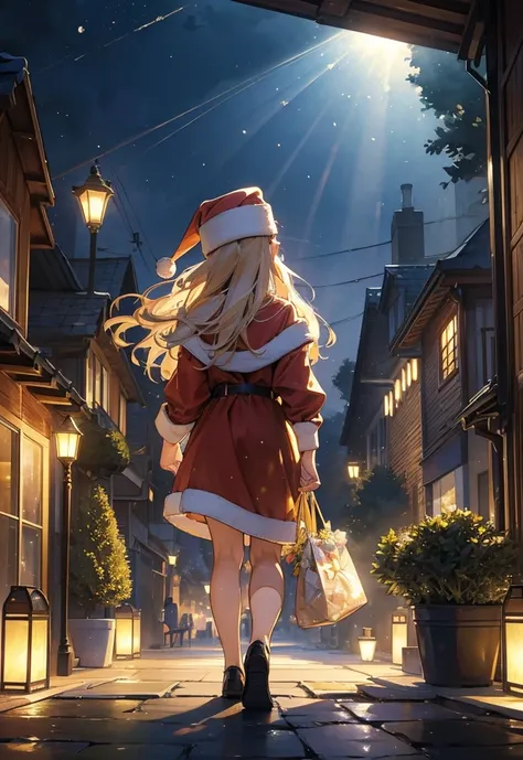 1 Female(Cat ears,とてもbeautiful, white skin, Santa Claus Outfit ,  Santa Claus hat,A woman is walking,  back view,  Little Cat Walking Behind a Woman , Enhancing the Elegance and Majesty Evoked by the Presence of Women ,  Her hair is carefully styled , ):,w...