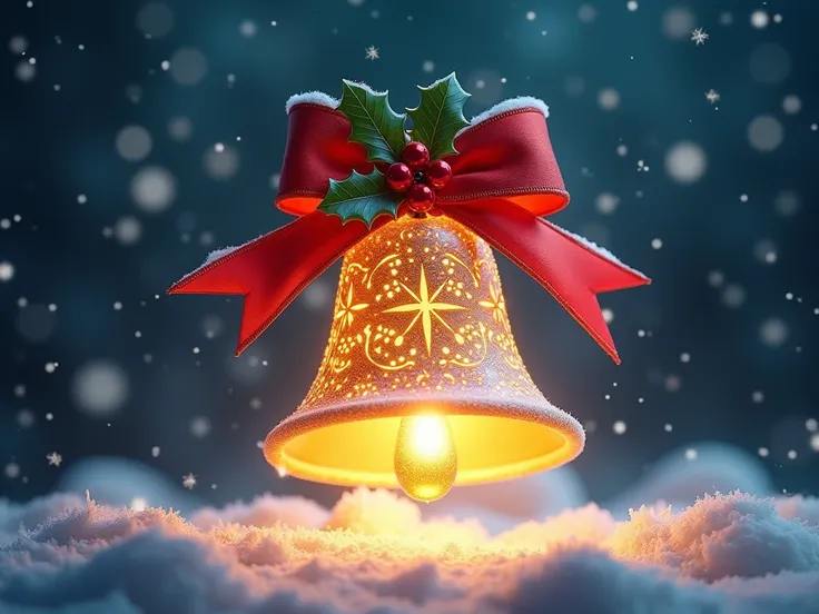  bright Christmas bell design 。 The bell shines delicately engraved 、 decorated with red ribbons and green holly leaves 。The background is a winter night sky 、 soft snow fluttering 、 the bell creates a fantastic atmosphere 。 warm light shines from the bell...